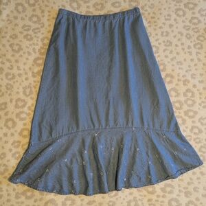 Denim Embroidered Soft Flowy Blue Midi Skirt Ruffle Hem Teacher Miss Honey 12